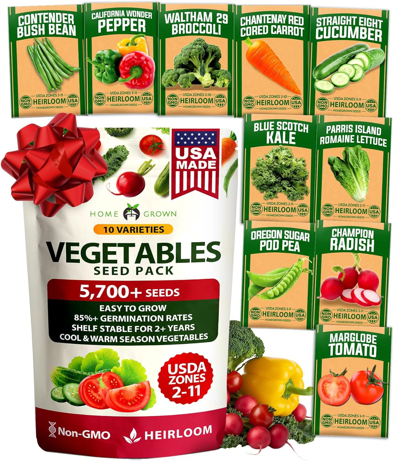 10 Variety Survival Seed Vault 5,700+ USA Grown Heirloom Non-Gmo Vegetable Seeds