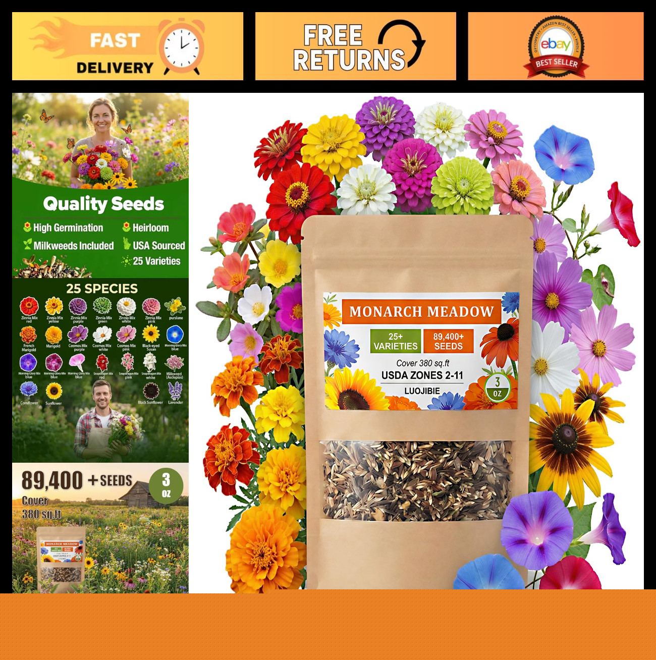 Wildflower Seed Mix 3oz – 89,400+ Non-GMO Seeds for Monarch Butterflies – 25+ Va