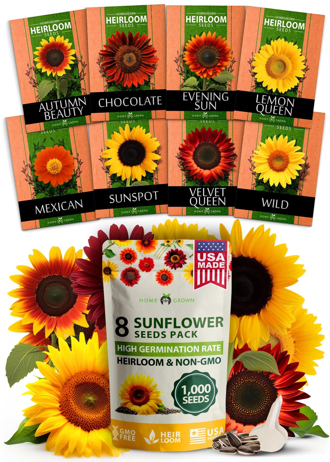 8 Varieties Non-GMO Sunflower Seeds Packets to Plant Dwarf Mexican Wild Lemon