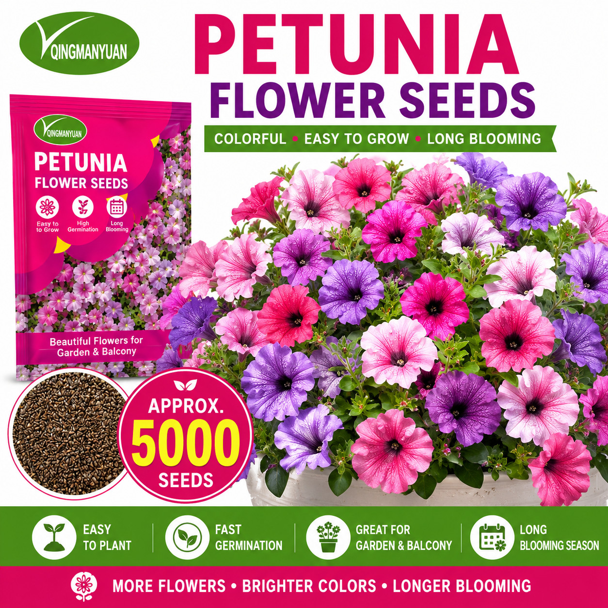 5000 Petunia Flower Seeds Mixed Colors Easy To Grow Balcony Garden Hanging Baske