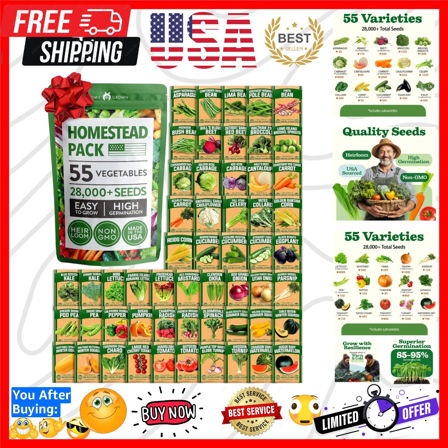 55 Vegetable Seeds Pack 28,000+ Non-GMO Heirloom Seeds for Planting Vegetable…