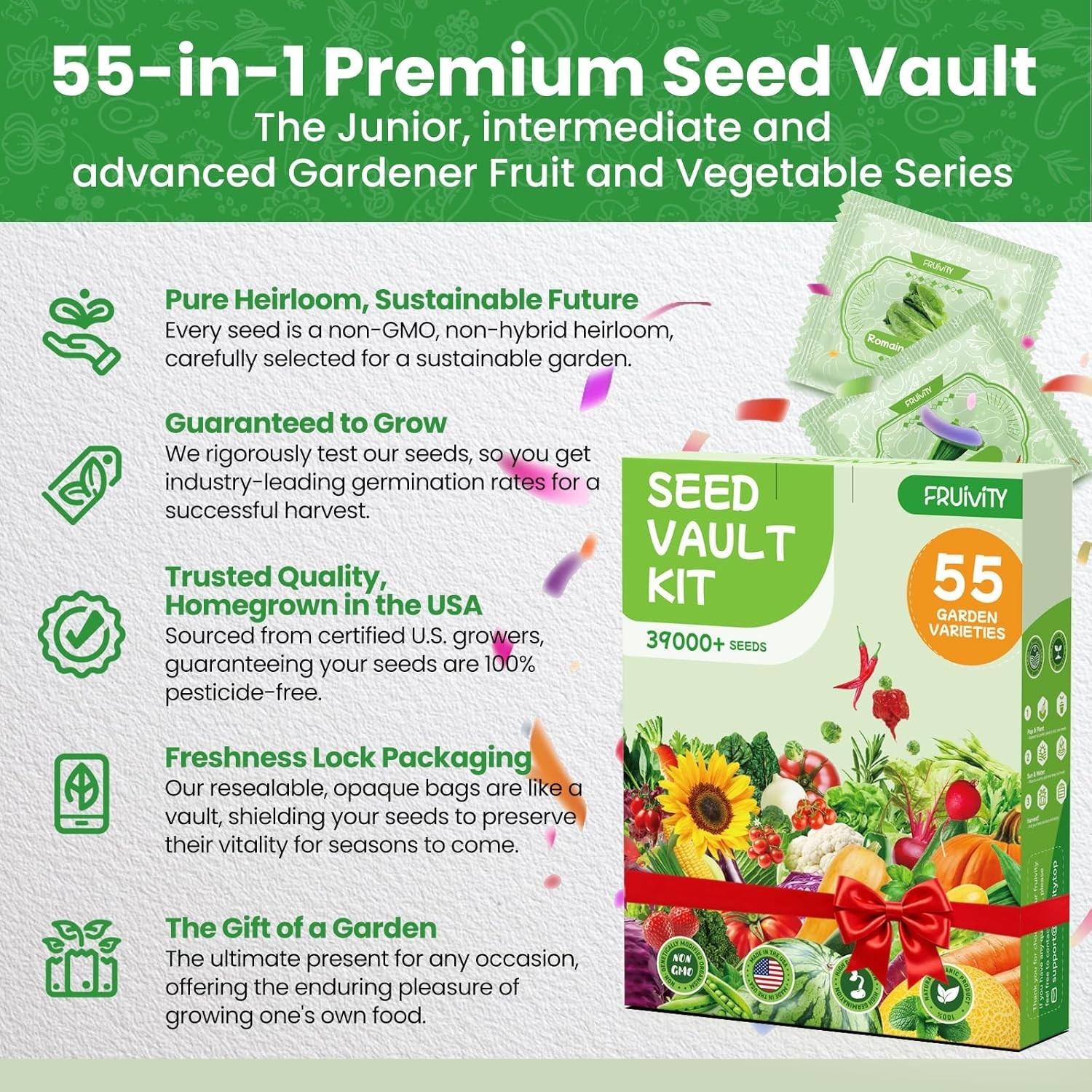 Complete 55 Vegetable Seeds Collection: Non-GMO Heirloom Seeds & Gift-Ready Pack