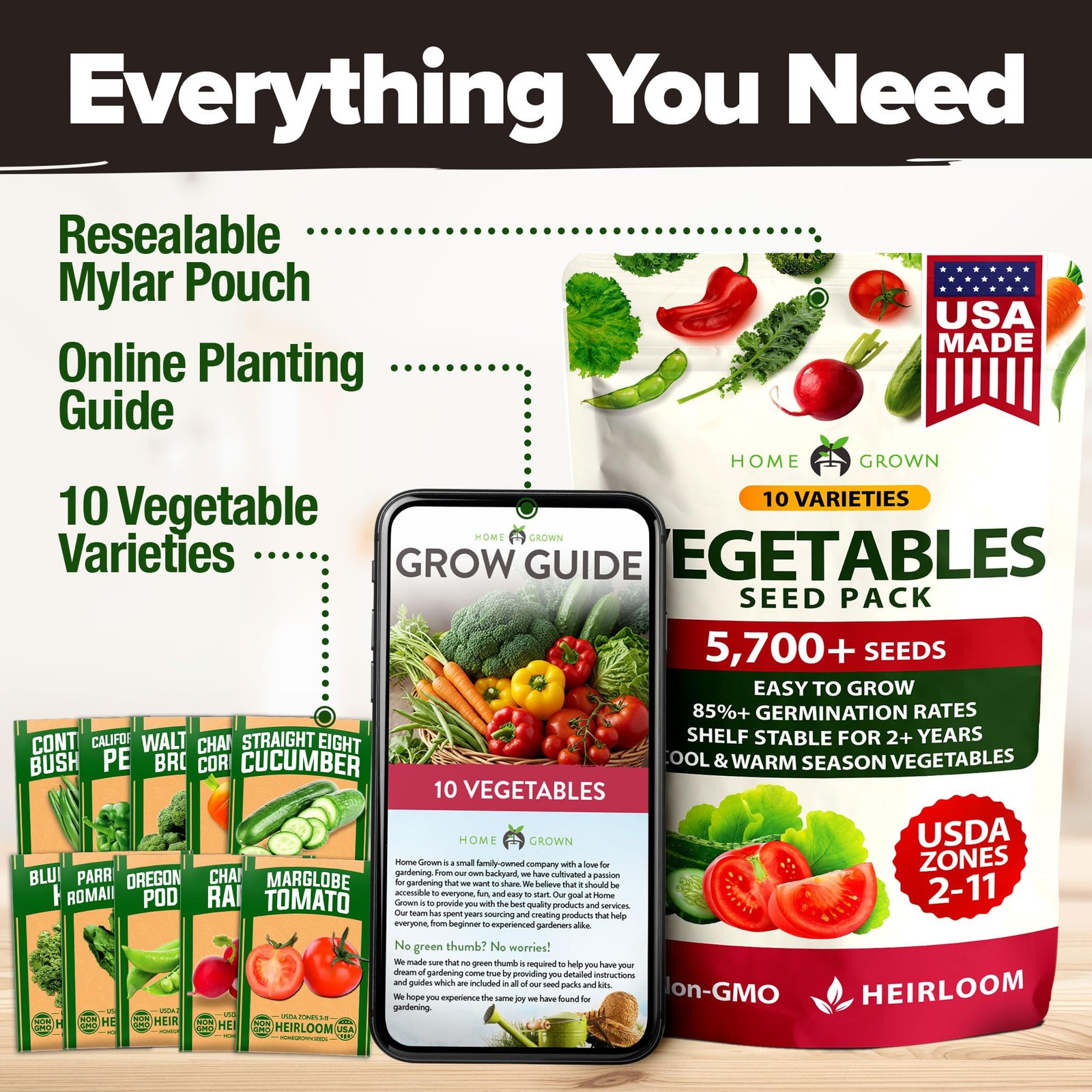 HOME GROWN 10 Variety Survival Seed Vault 2000+ USA Grown Heirloom NonGMO Veg…