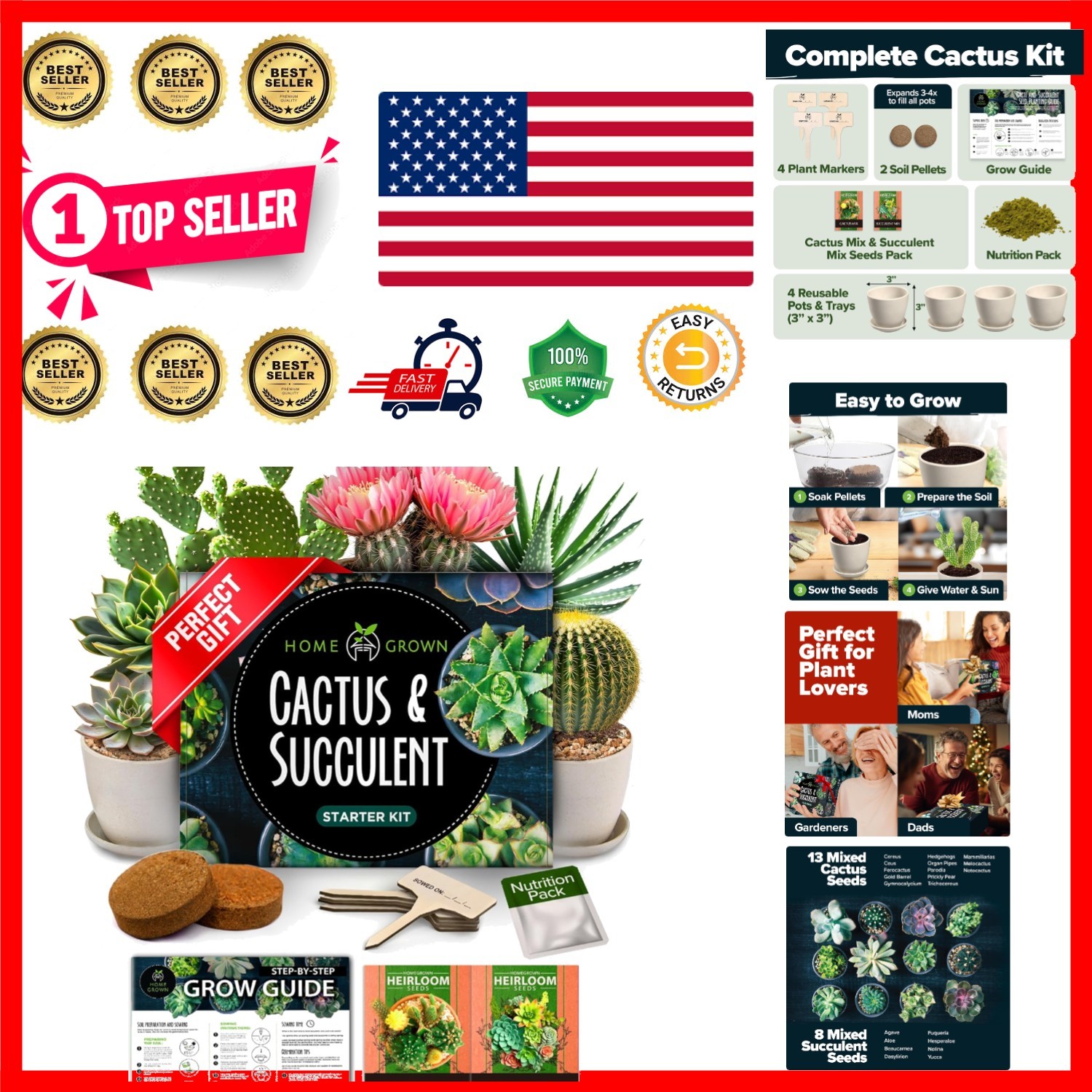 Succulent & Cactus Seed Kit with Planters, Soil, and Markers – -Round Beauty