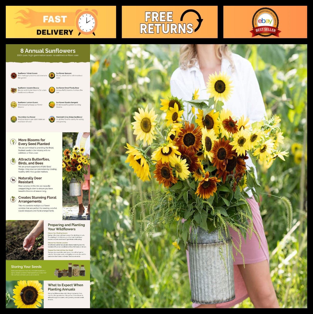 Mixed Flower Seeds for Planting – 1 lb, 480,000+ Seeds, Attracts Pollinators, Sp