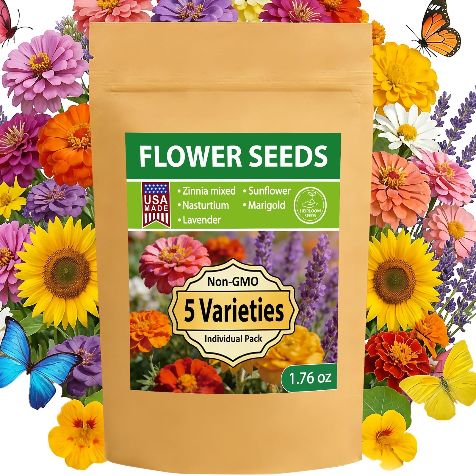 5 Varieties Flower Seeds in Individual Packs, Includes Zinnia, Lavender, Sunf…